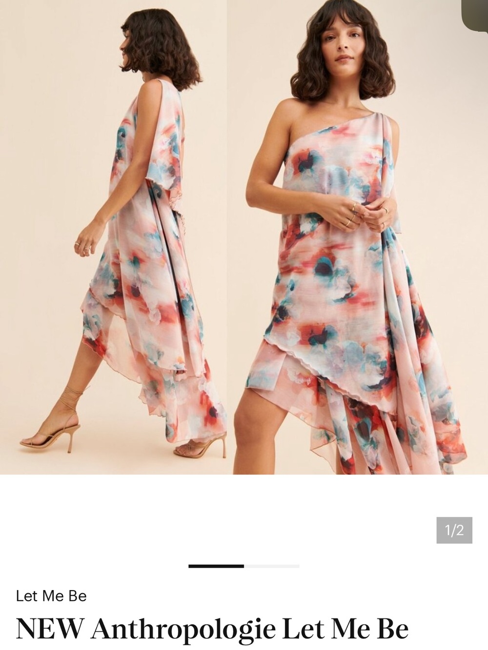 Anthropologie One-Shoulder Watercolor Midi Dress in Pink, Blue and Coral